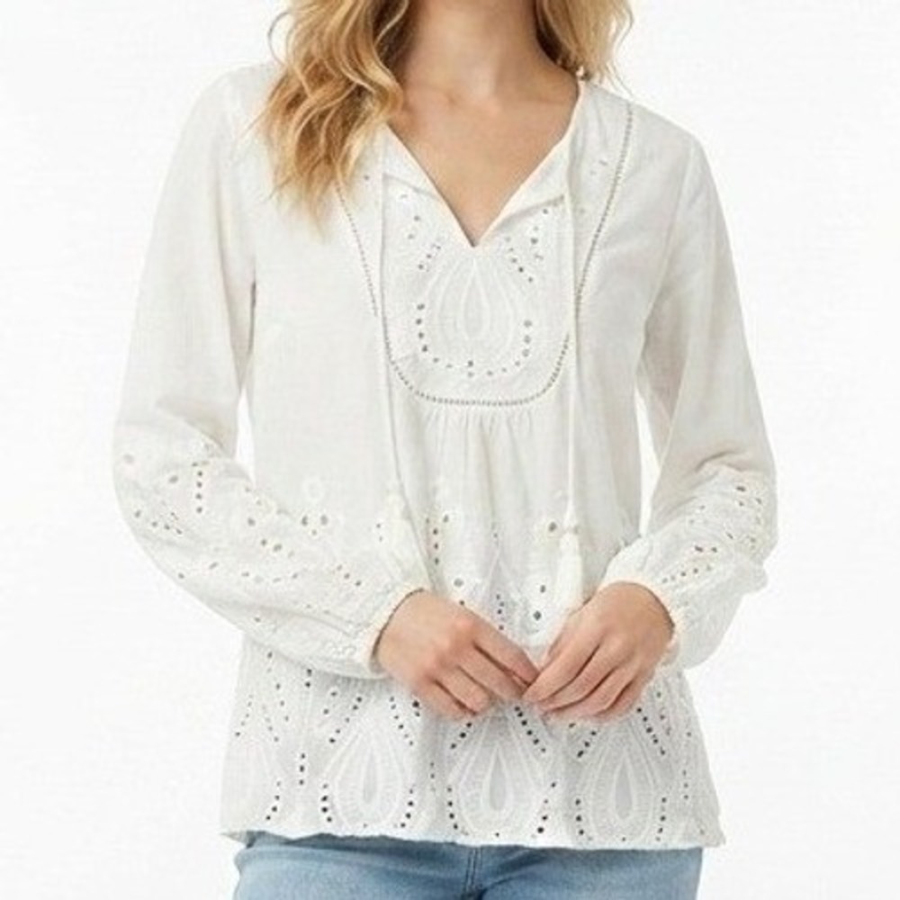Adiva Eyelet Embroidered Peasant Blouse Womens‎ Large White Boho Cottagecore Top